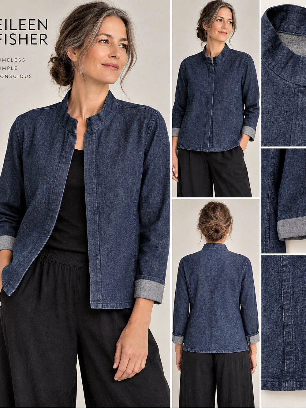Eileen Fisher Denim Jacket L Made USA Stretch Indigo Minimalist Vintage Like New